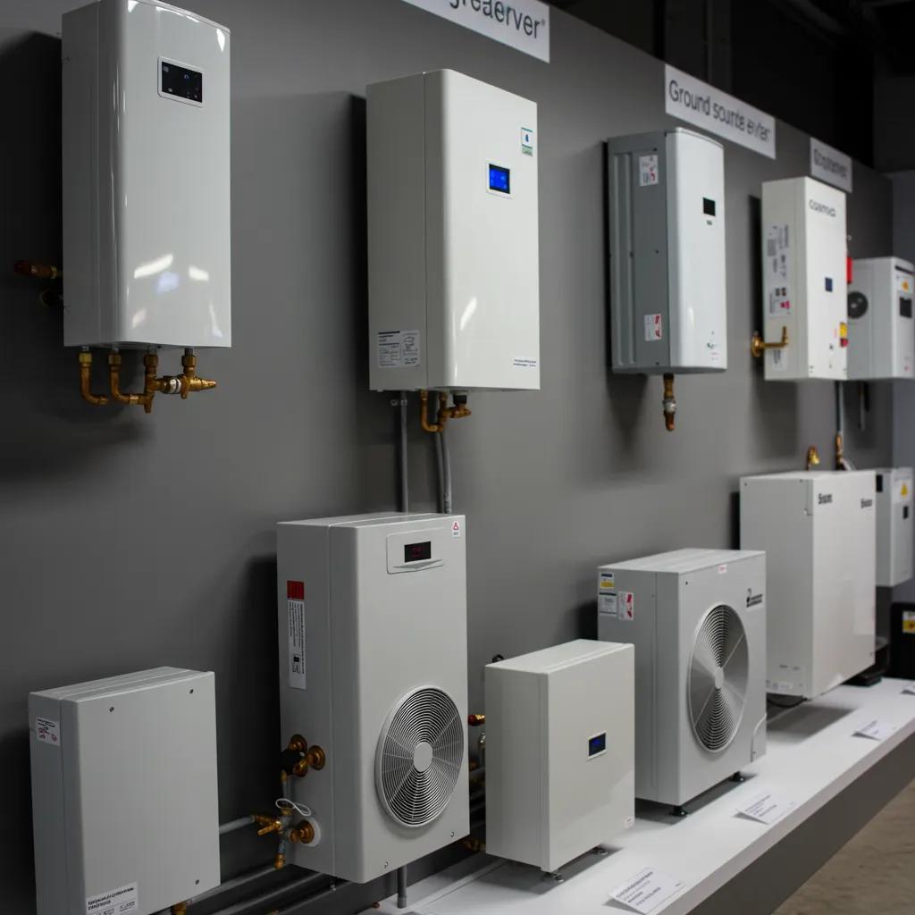 Close-up of low-carbon heating systems including air source and ground source heat pumps