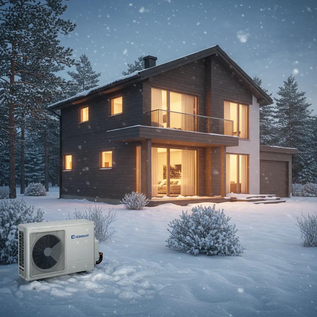 Modern energy-efficient home with heat pump in snowy landscape