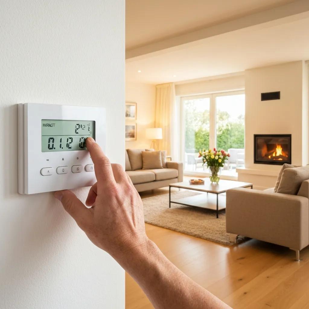 Close-up of a digital thermostat being adjusted in a cozy living room
