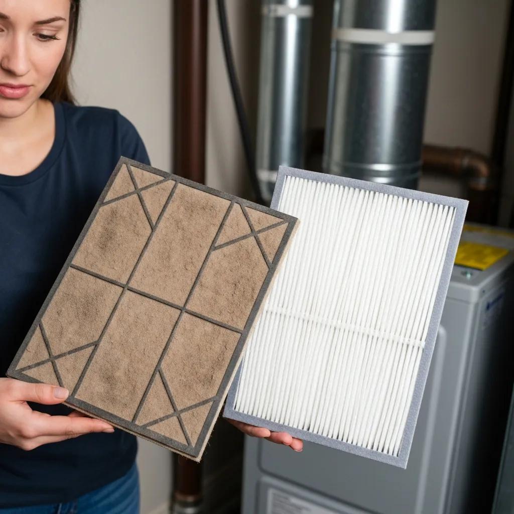 Side-by-side of a dirty and a clean air filter in a furnace room