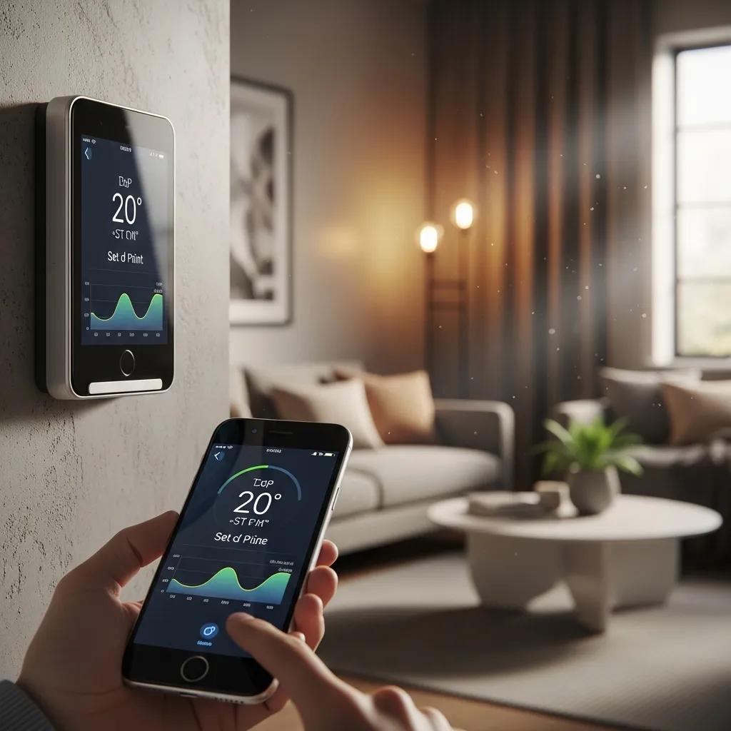 Save Money with High-Efficiency HVAC Systems 1 User interacting with a smart thermostat and smartphone in a modern living room, displaying temperature settings and energy usage data for efficient HVAC management.