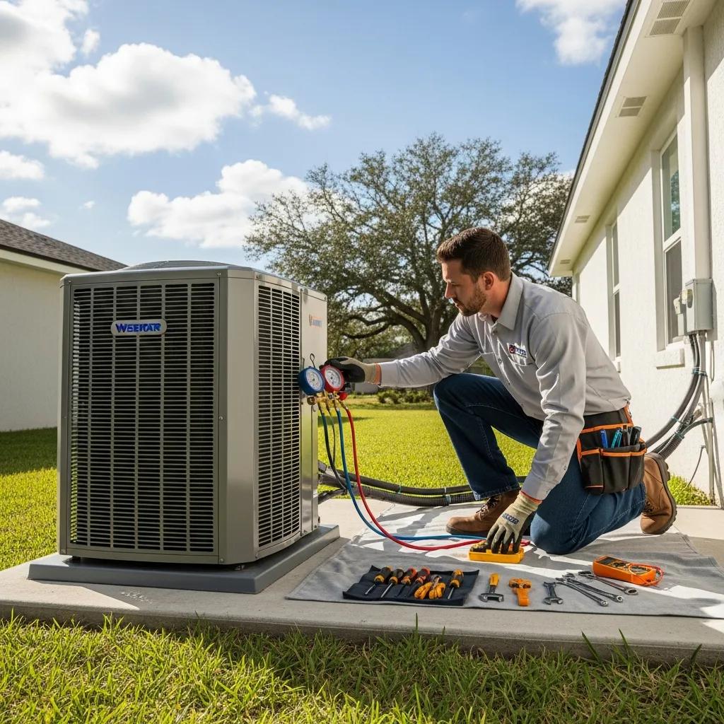 Technician inspecting a heat pump unit outdoors, emphasizing repair and maintenance