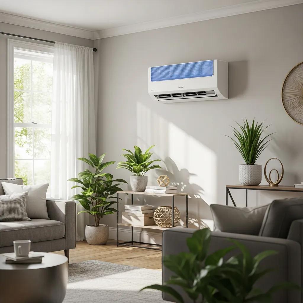 Ductless mini-split HVAC system in a modern living room, showcasing energy-efficient climate control