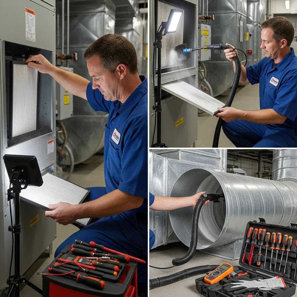 Reduce Allergens with Your Heating and Cooling System 2 HVAC technician performing maintenance on a system, emphasizing filter replacement and duct cleaning