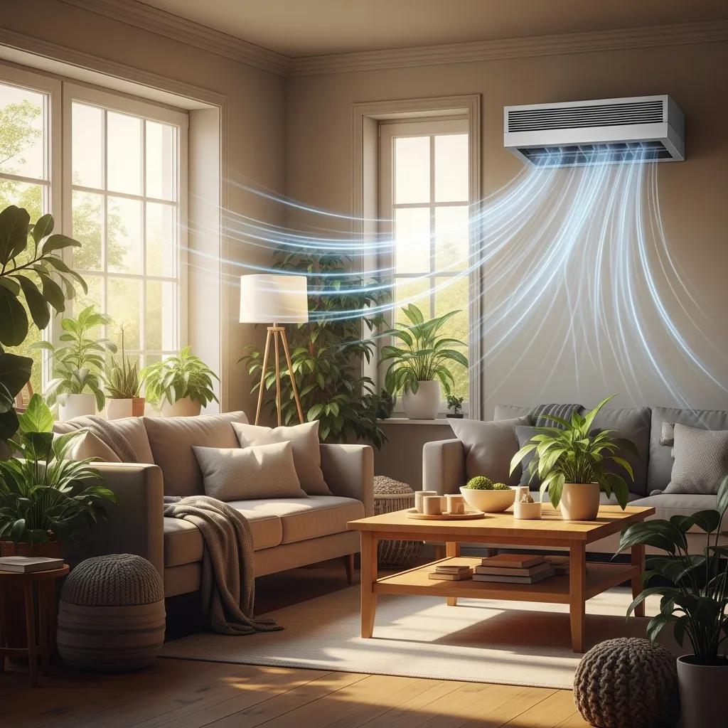 Modern HVAC system in a bright indoor living space promoting clean air and comfort