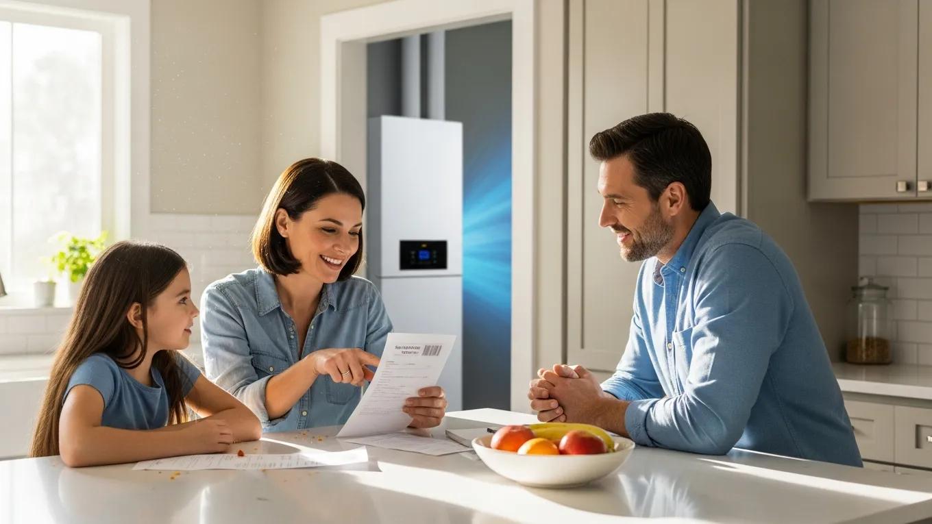 Enhanced Comfort and Efficiency with Variable Speed 1 Family reviewing energy bills in a kitchen, showcasing the benefits of variable speed HVAC systems