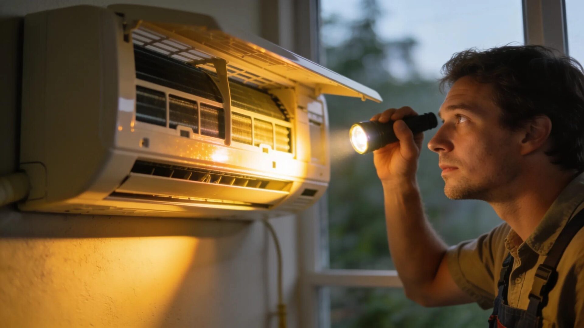 Troubleshoot Ductless Mini Split Repair for Cooling Issues 1 Homeowner troubleshooting ductless AC unit, inspecting for common issues