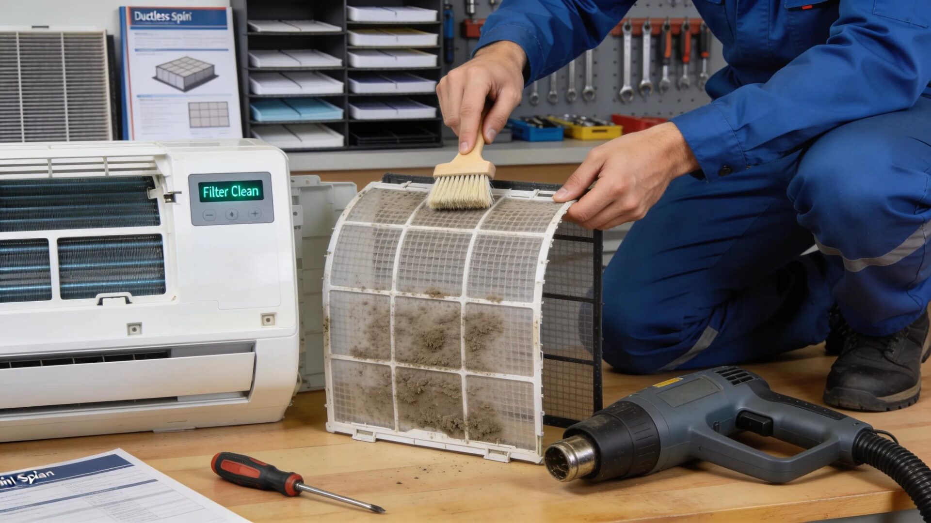 Troubleshoot Ductless Mini Split Repair for Cooling Issues 2 Technician performing maintenance on a ductless mini split air conditioning unit to improve performance